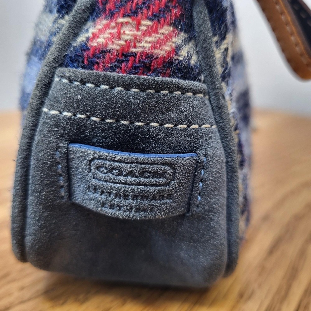 Coach Red and Navy Plaid Wool Satchel with Leather Trim - Picture 8 of 16